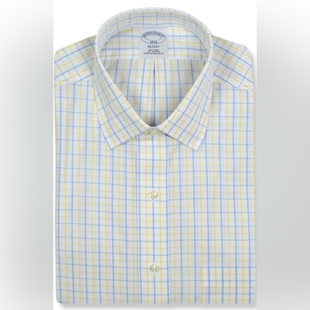 Brooks Brothers Non-Iron Stretch Supmia Cotton Yellow and Blue Plaid Dress Shirt